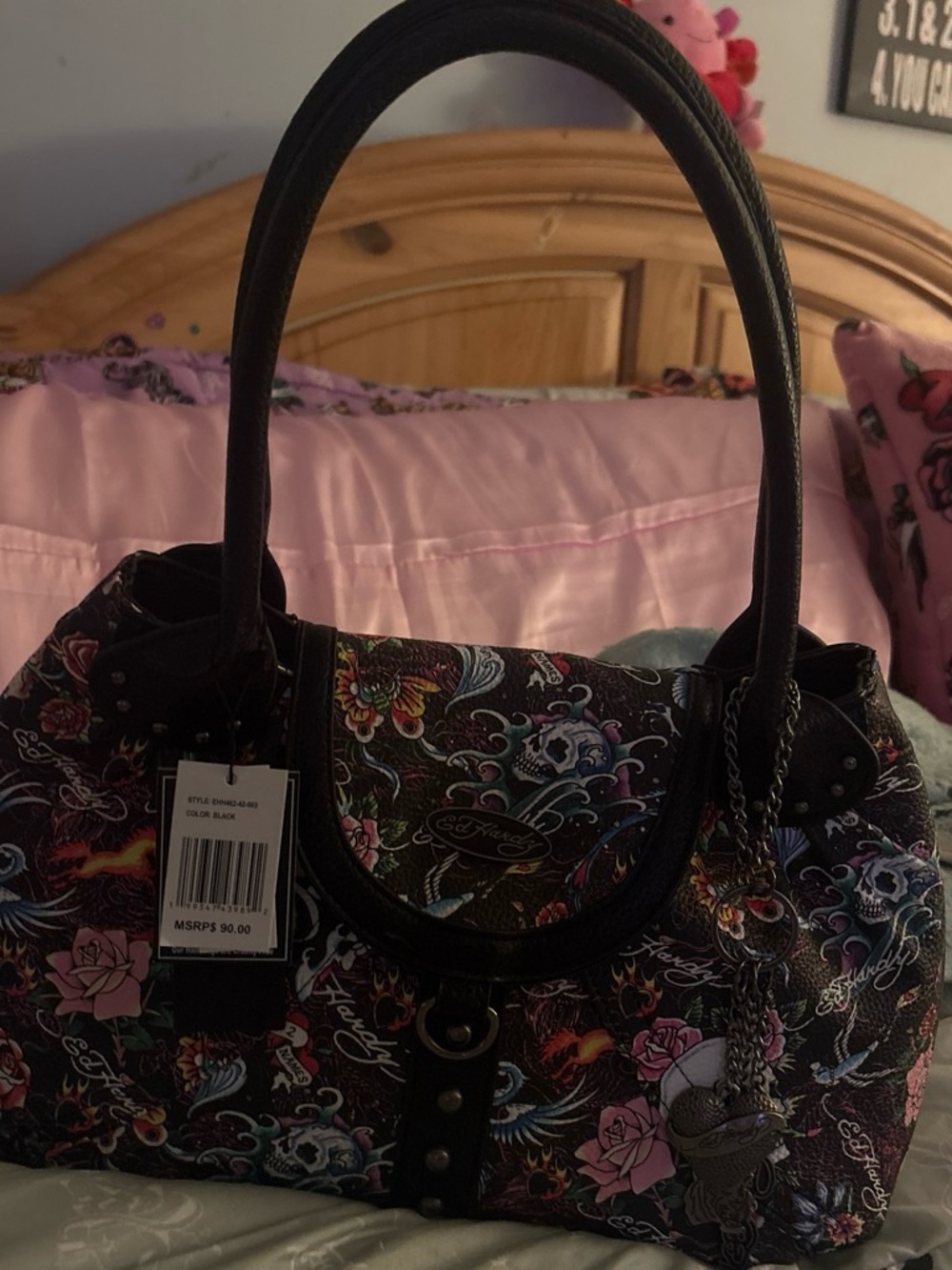 Ed Hardy Black Floral and Multicolor Satchel